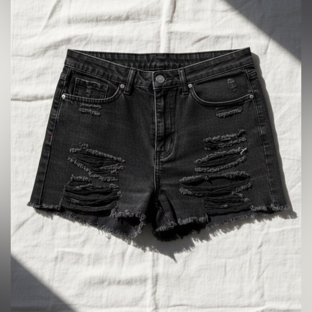 SIMPLE SOCIETY Women’s Ripped Distressed High Rise Denim Shorts